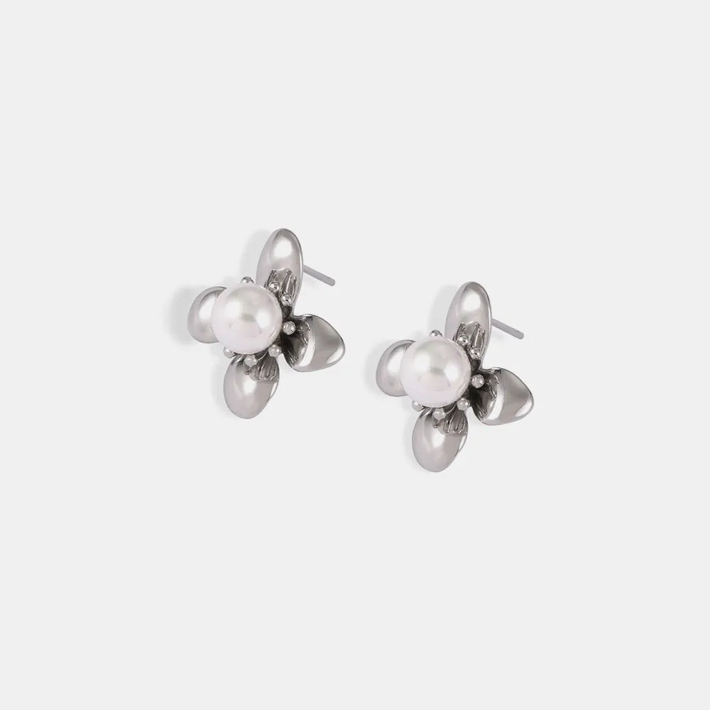 Synthetic Pearl & Titanium Steel Flower Earrings – Pair, 2.2 cm