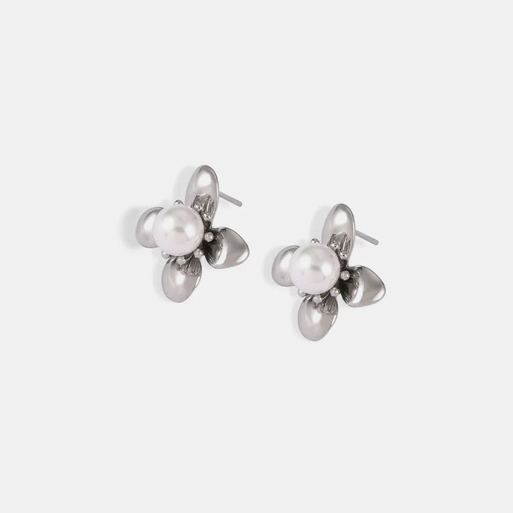 Synthetic Pearl & Titanium Steel Flower Earrings – Pair, 2.2 cm