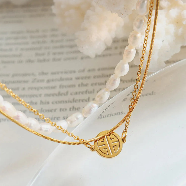 Three-Layer Freshwater Pearl & Titanium Steel Bracelet – Gold Tone