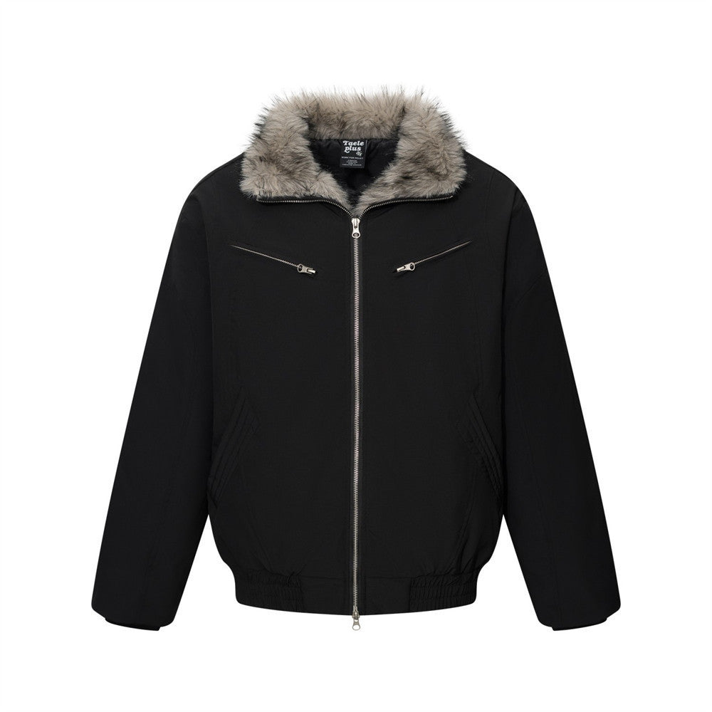 Men's Winter Padded Bomber Jacket with Two-Way Zipper and Faux Fur Collar