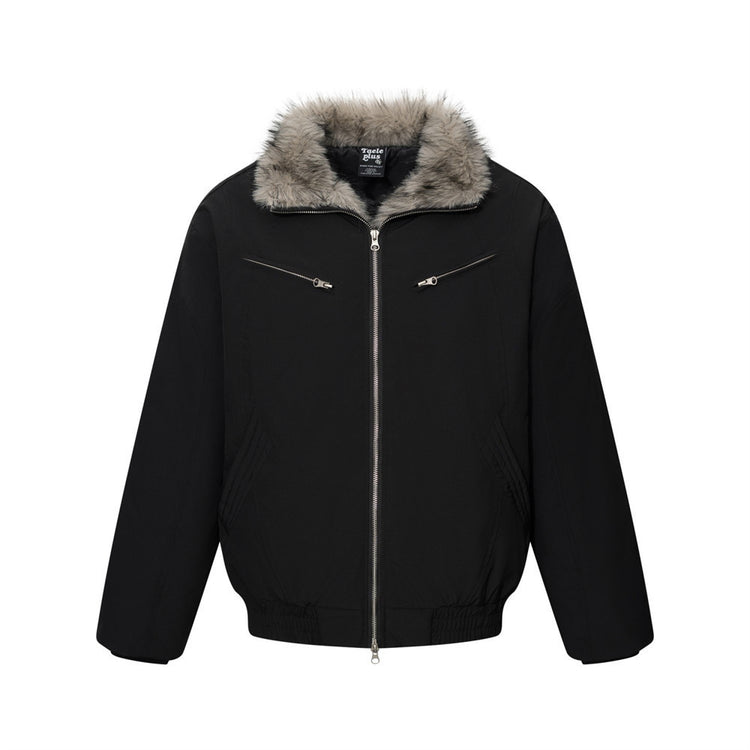 Men's Winter Padded Bomber Jacket with Two-Way Zipper and Faux Fur Collar