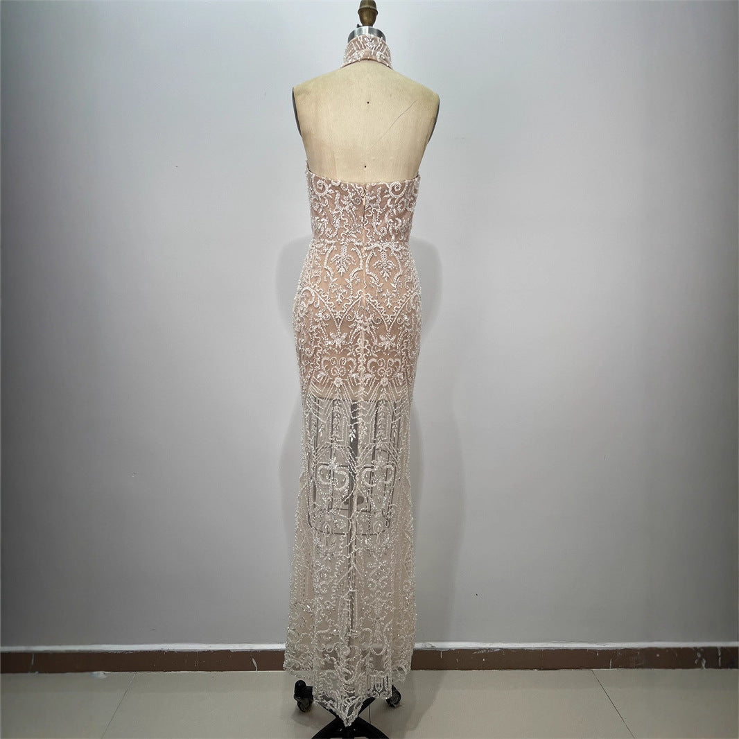 Apricot Strapless Rhinestone-Embellished Maxi Dress