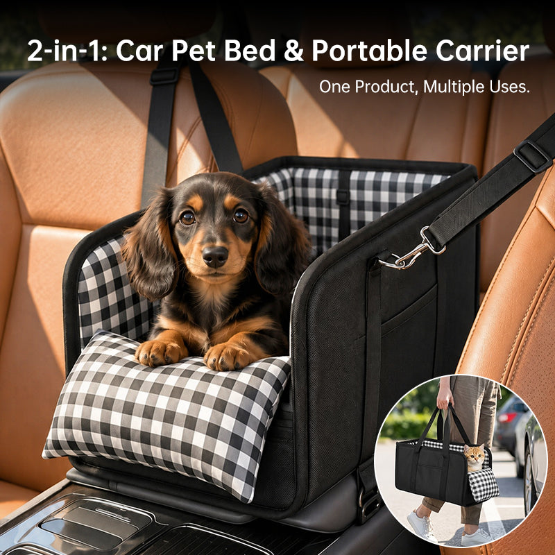 Car Mounted Pet Car Seat – Portable Small Dog Grid Seat with Soft Cushion & Seat Belt, Dog Car Accessories