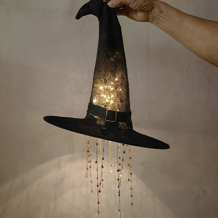 Lighted LED Witch Hat with Stars & Tassels – Hanging Hollow Glowing Decoration, Curved Brim, Vintage Halloween