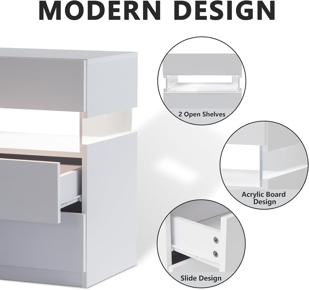 White 3-Drawer LED Bedside Table with Acrylic Panel