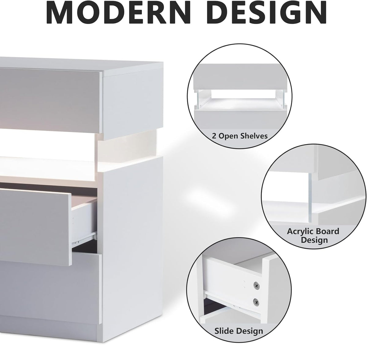 White 3-Drawer LED Bedside Table with Acrylic Panel