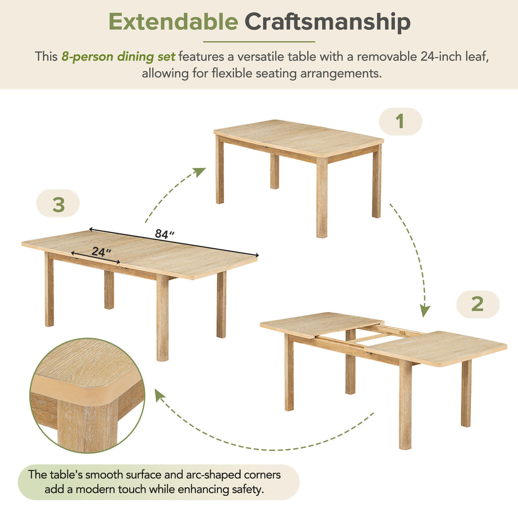 TOPMAX Extendable 84" Dining Table Set with 8 Upholstered Chairs, 9-Piece, Beige Brown