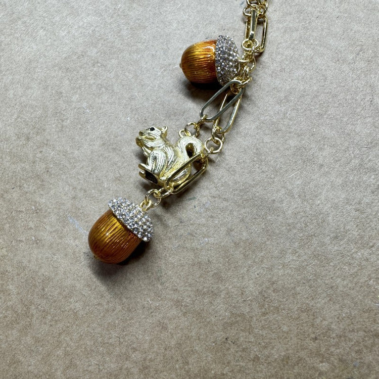 Vintage-Inspired Squirrel & Orange Charm Necklace – Gold Tone