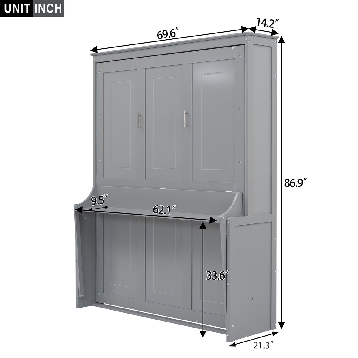 Queen Size Murphy Bed with Fold-Down Desk Shelf, Gray