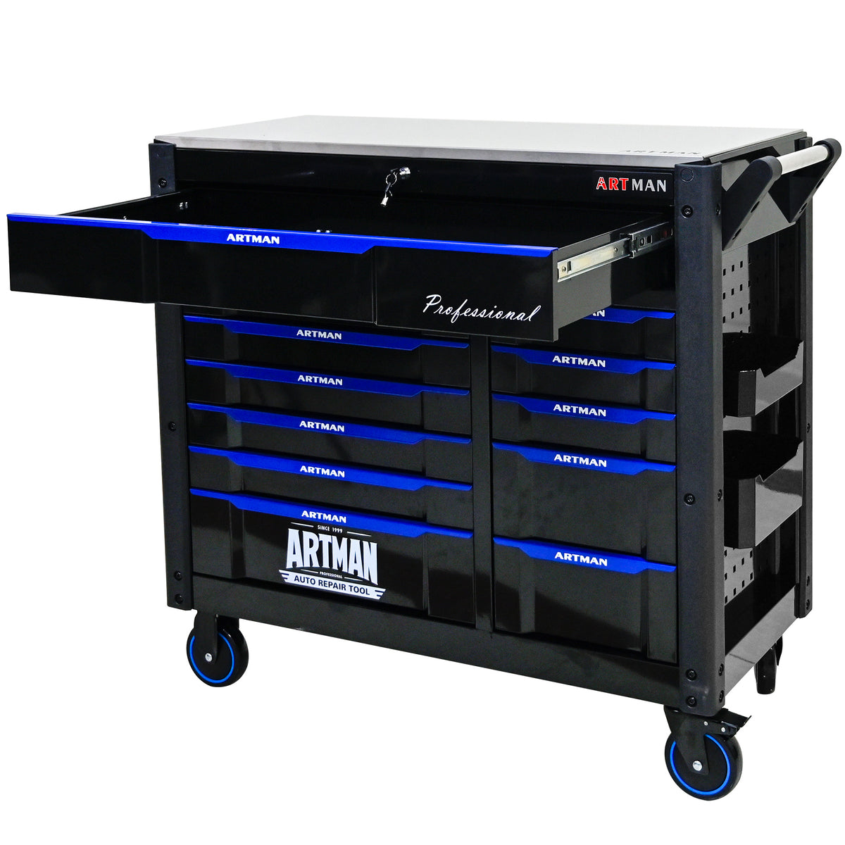 ARTMAN 12-Drawer Rolling Tool Cabinet with Iron Top, Black & Blue