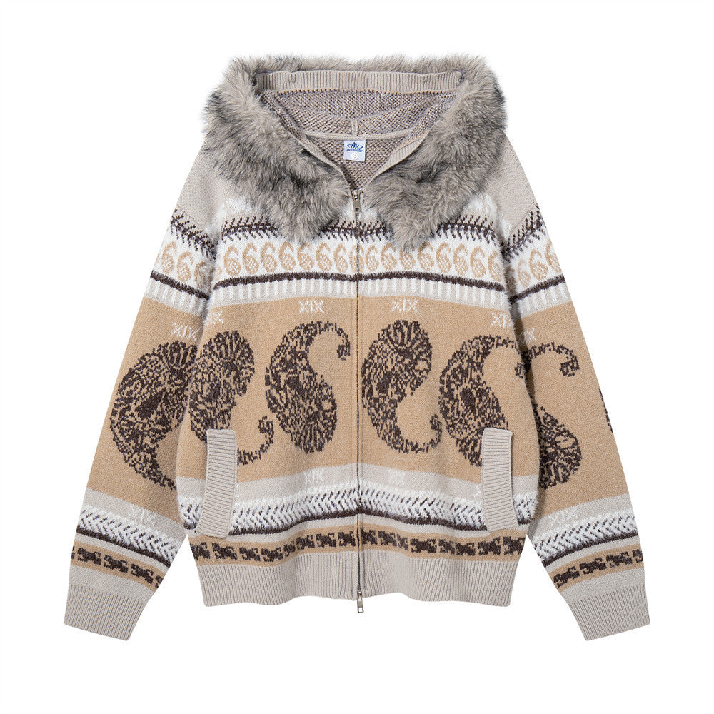 Men's Oversized Hooded Knit Cardigan Jacket with Fur Collar, Paisley Stripe Jacquard Pattern