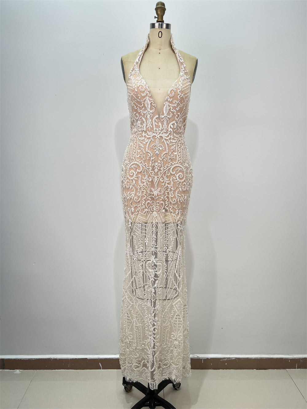Apricot Strapless Rhinestone-Embellished Maxi Dress