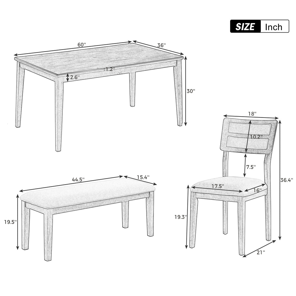 TREXM 6-Piece Dining Set with Table, 4 Chairs & Bench, White & Gray