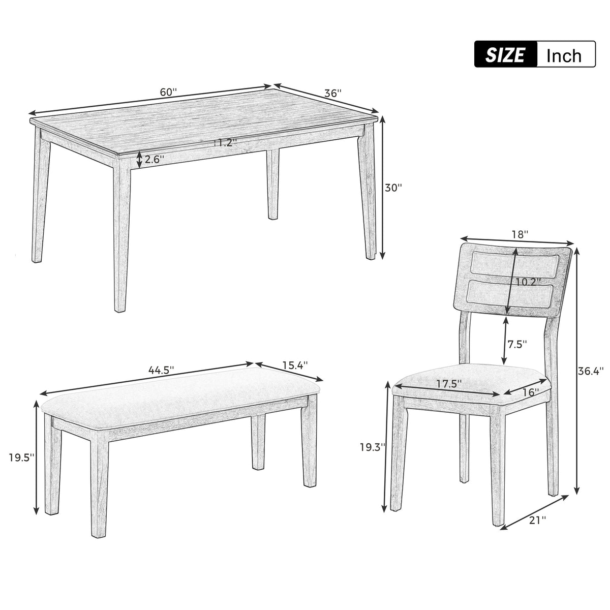 TREXM 6-Piece Dining Set with Table, 4 Chairs & Bench, White & Gray