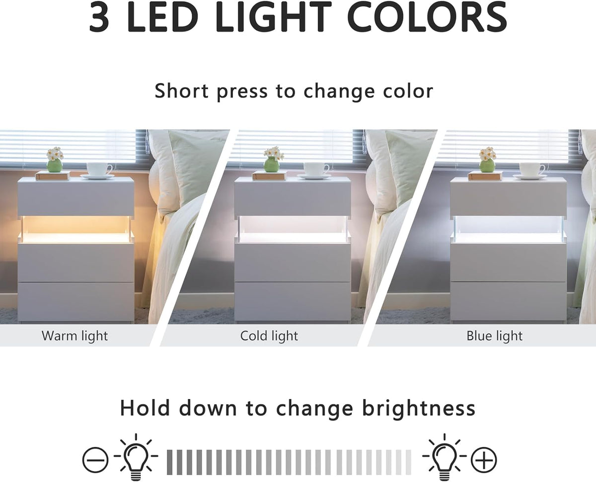 White 3-Drawer LED Bedside Table with Acrylic Panel