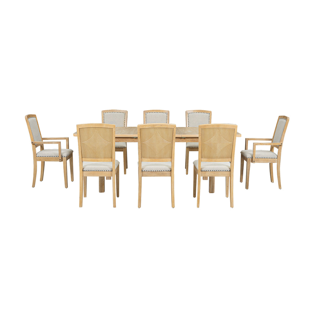 TOPMAX Extendable 84" Dining Table Set with 8 Upholstered Chairs, 9-Piece, Beige Brown