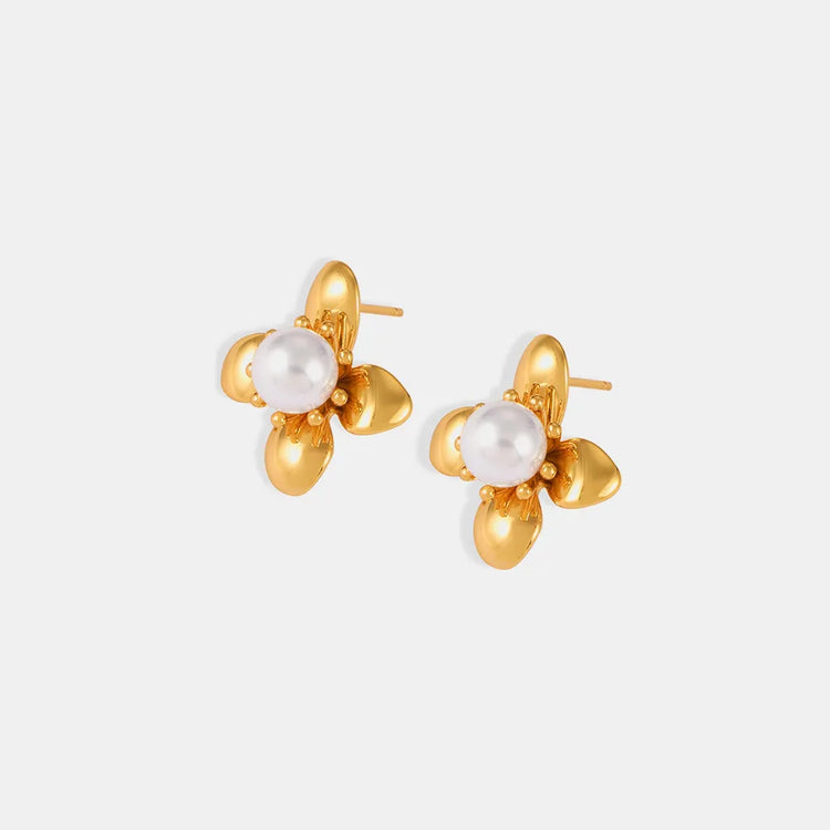 Synthetic Pearl & Titanium Steel Flower Earrings – Pair, 2.2 cm