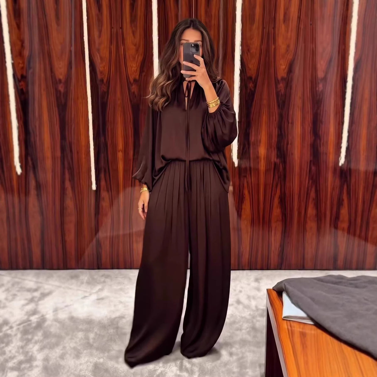 Women's V-Neck Lace-Up Top and Pants Set