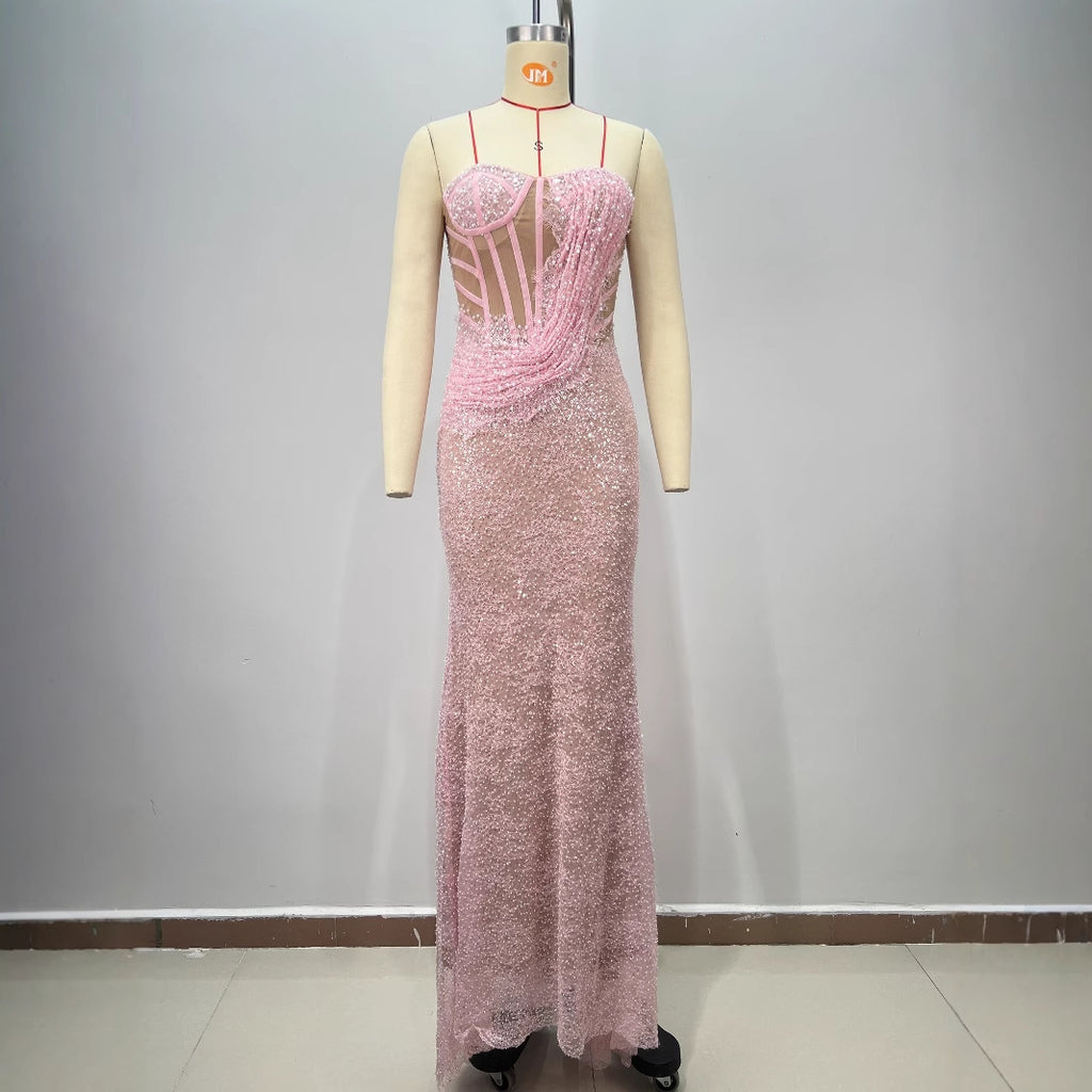Pink Strapless Wrap-Front Fitted Maxi Dress
