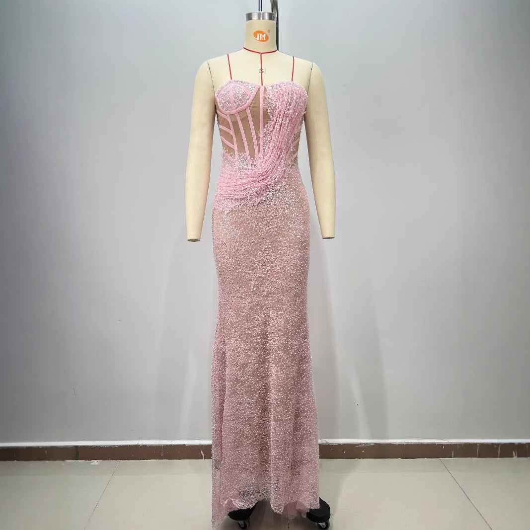 Pink Strapless Wrap-Front Fitted Maxi Dress