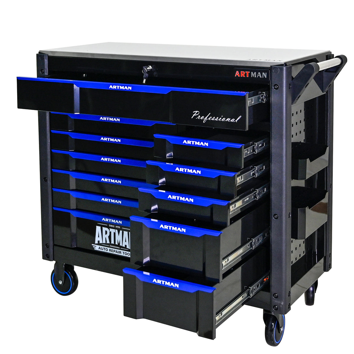 ARTMAN 12-Drawer Rolling Tool Cabinet with Iron Top, Black & Blue