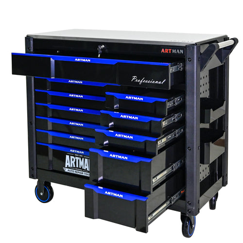 ARTMAN 12-Drawer Rolling Tool Cabinet with Iron Top, Black & Blue
