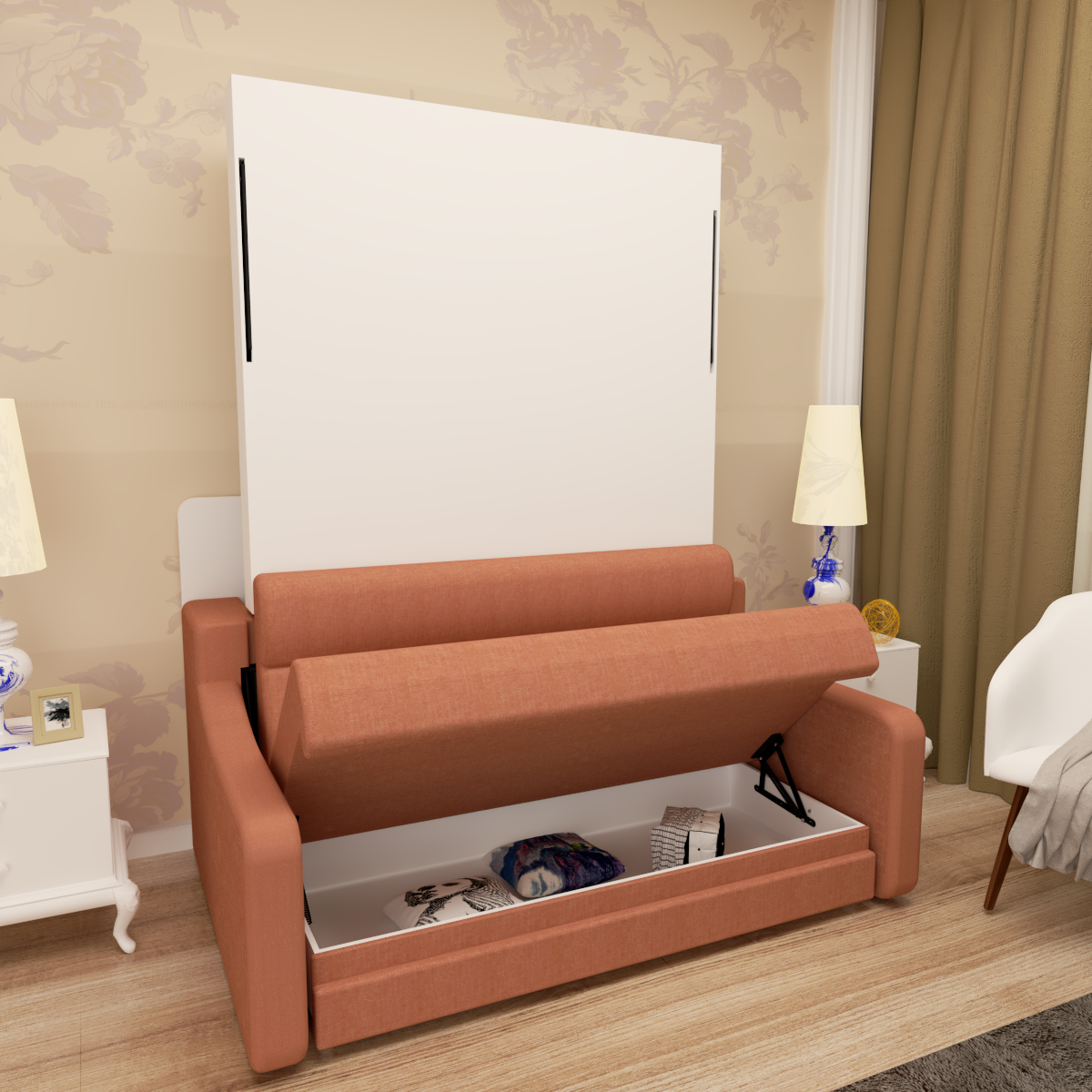 Modern Vertical Murphy Bed with Sofa & Storage | Full Size