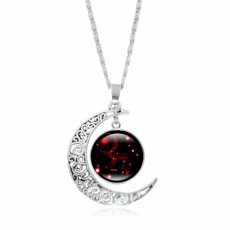 Zodiac Time Gem Luminous Necklace for Women, Simple Silver Moon Pendant Choker