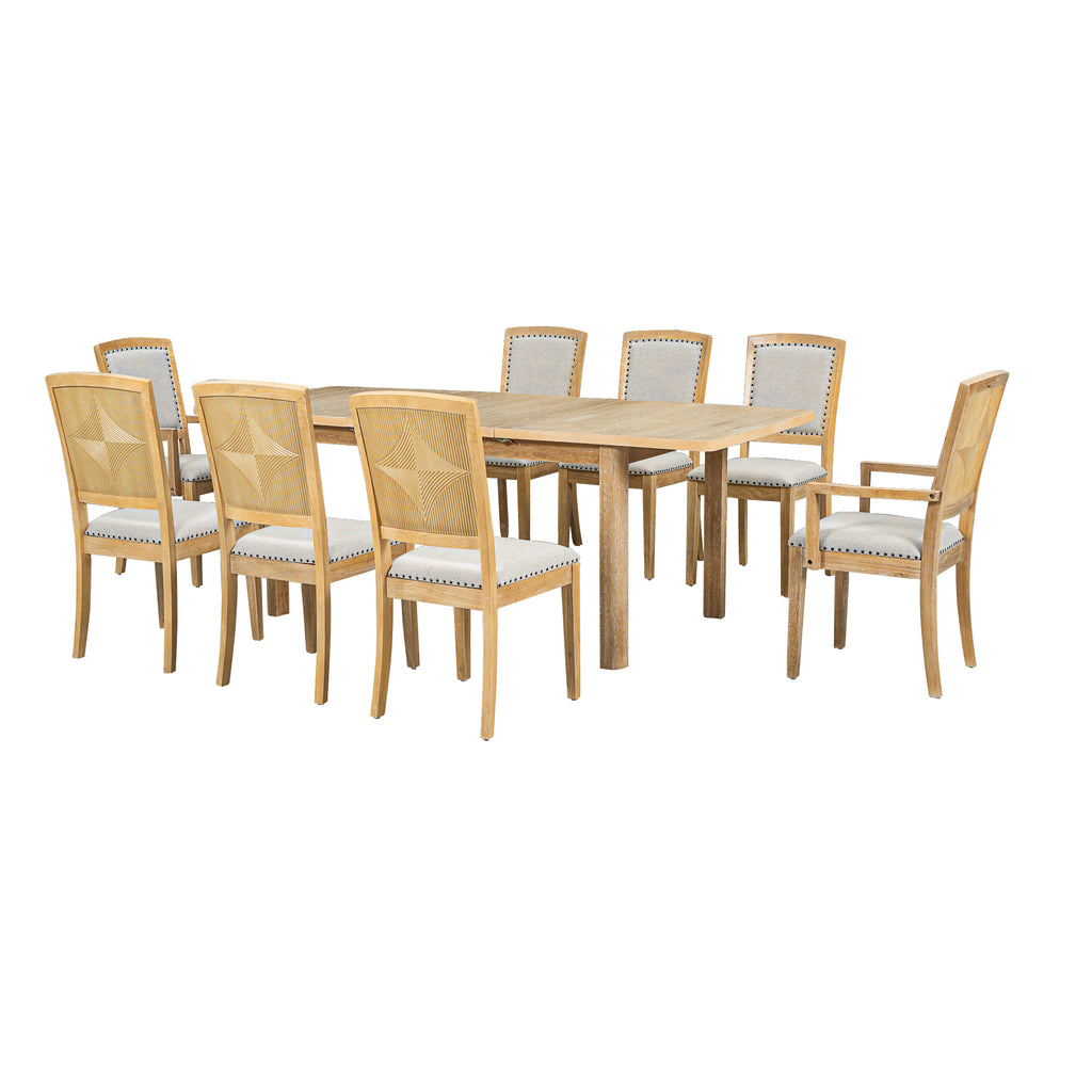 TOPMAX Extendable 84" Dining Table Set with 8 Upholstered Chairs, 9-Piece, Beige Brown