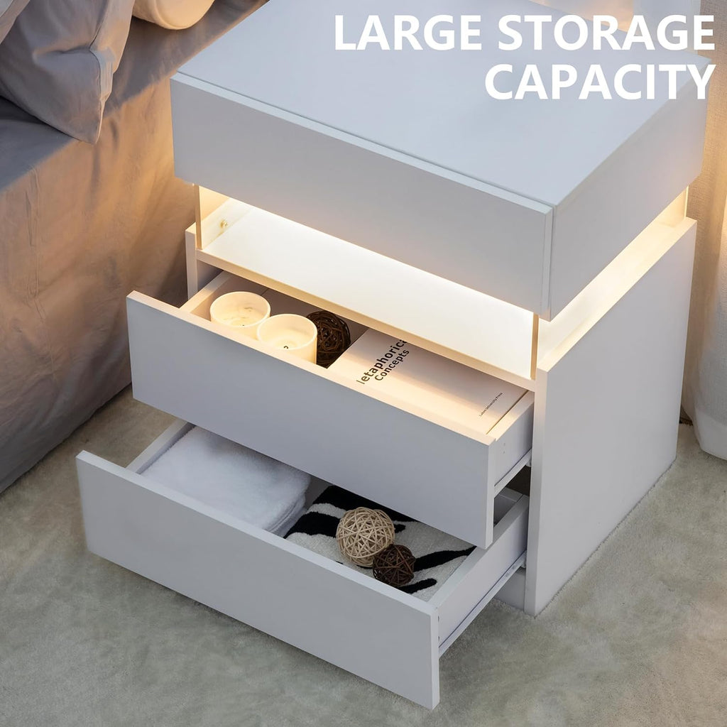 White 3-Drawer LED Bedside Table with Acrylic Panel