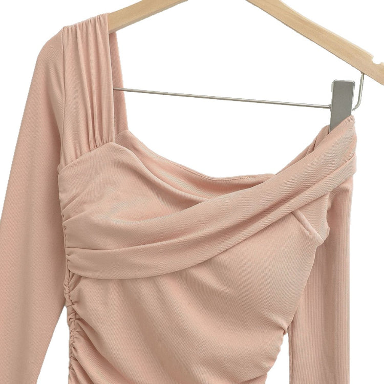 Ruched Off-Shoulder Long Sleeve Slim Fit Bodycon Short Dress