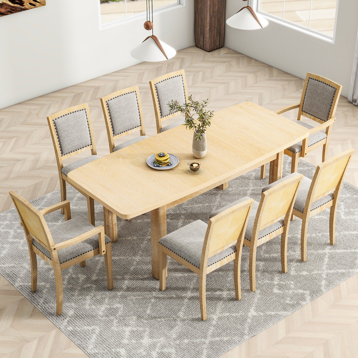 TOPMAX Extendable 84" Dining Table Set with 8 Upholstered Chairs, 9-Piece, Beige Brown