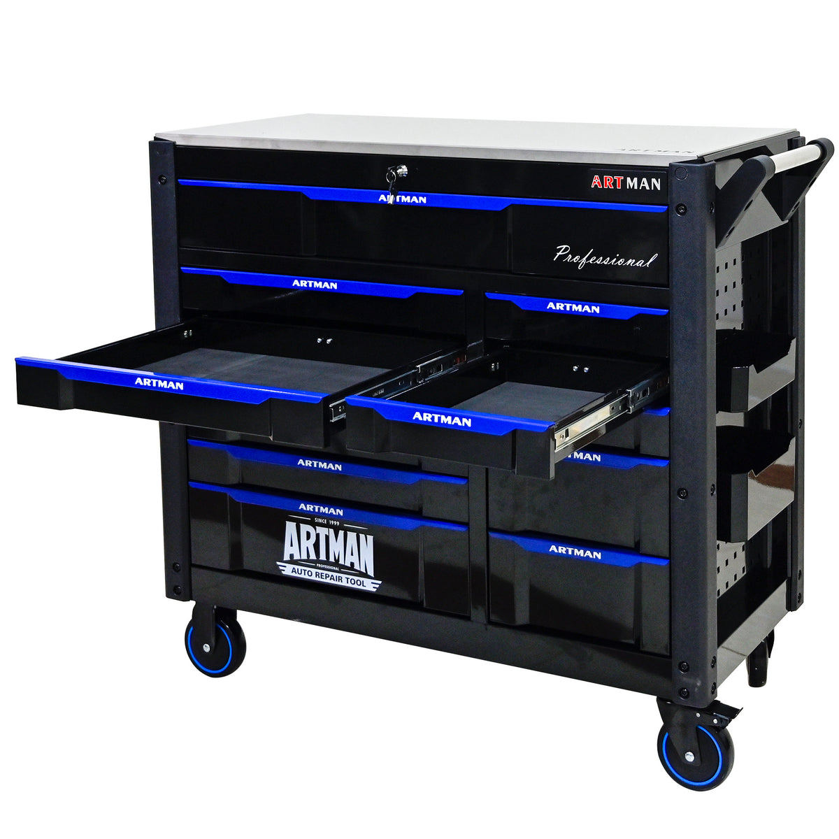 ARTMAN 12-Drawer Rolling Tool Cabinet with Iron Top, Black & Blue