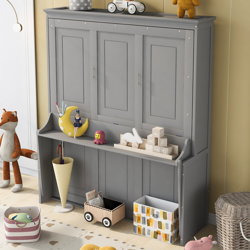 Queen Size Murphy Bed with Fold-Down Desk Shelf, Gray