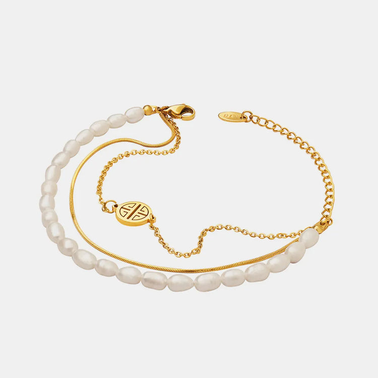 Three-Layer Freshwater Pearl & Titanium Steel Bracelet – Gold Tone