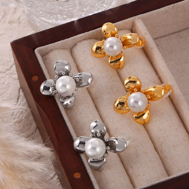 Synthetic Pearl & Titanium Steel Flower Earrings – Pair, 2.2 cm