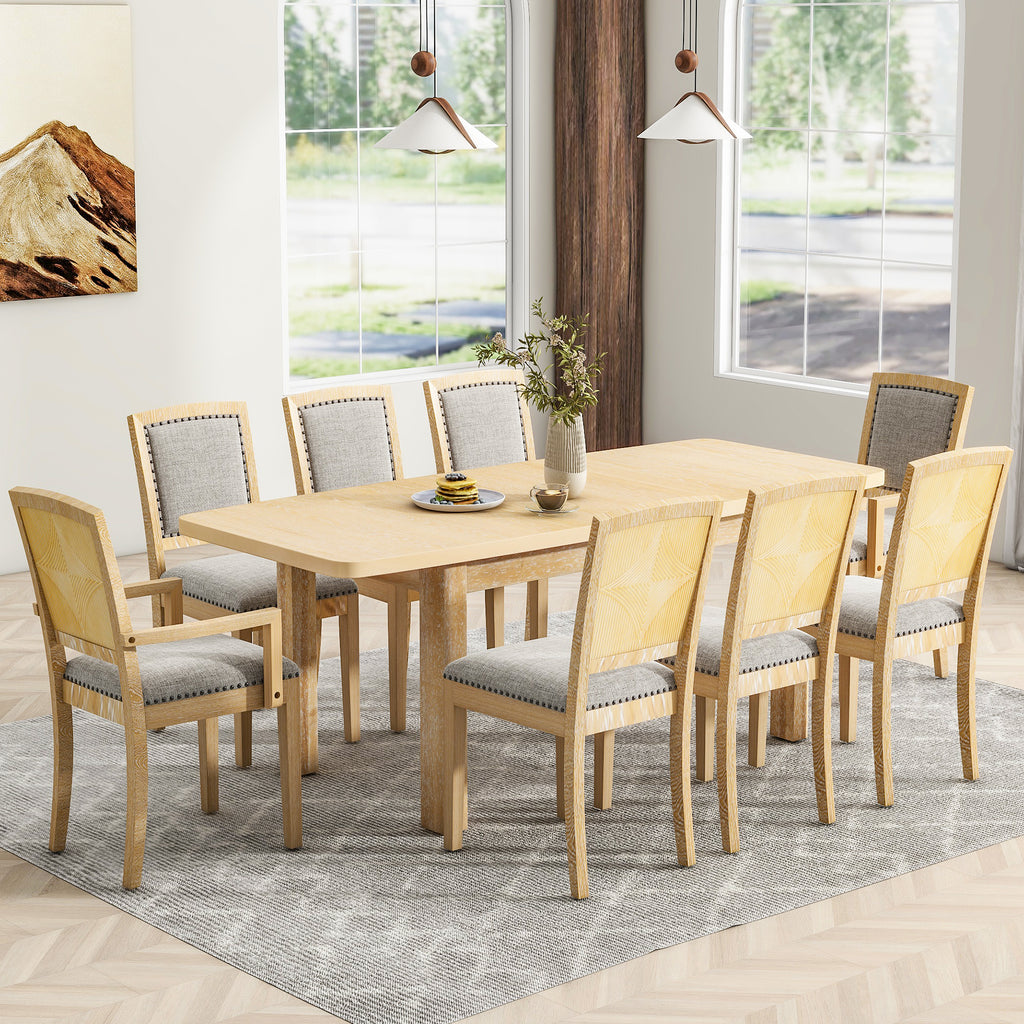 TOPMAX Extendable 84" Dining Table Set with 8 Upholstered Chairs, 9-Piece, Beige Brown