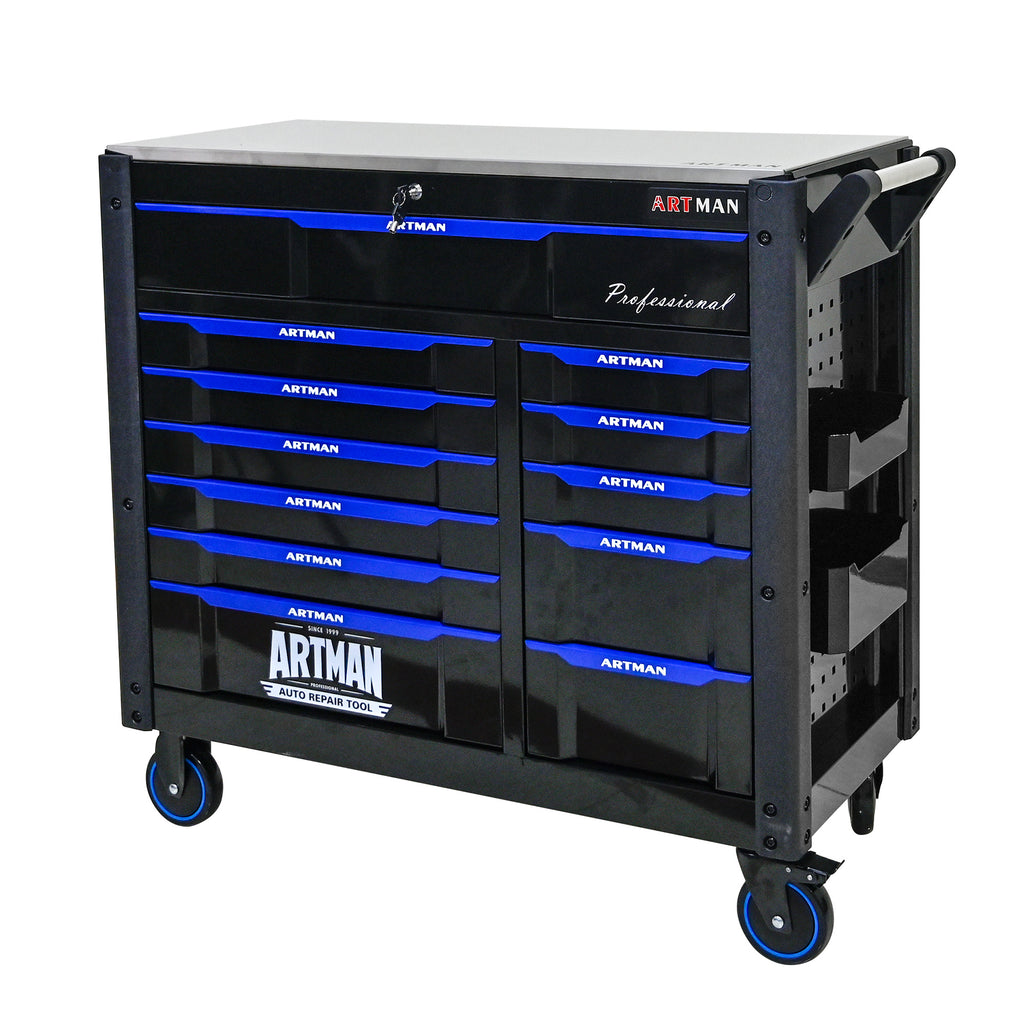 ARTMAN 12-Drawer Rolling Tool Cabinet with Iron Top, Black & Blue