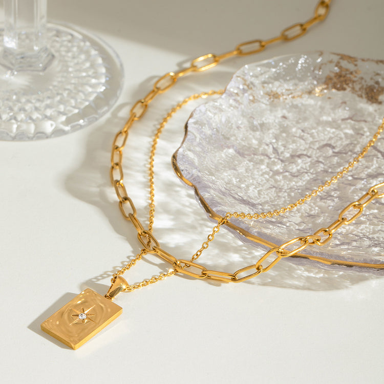 Star & Square Double-Layer Necklace – Gold-Tone Stainless Steel