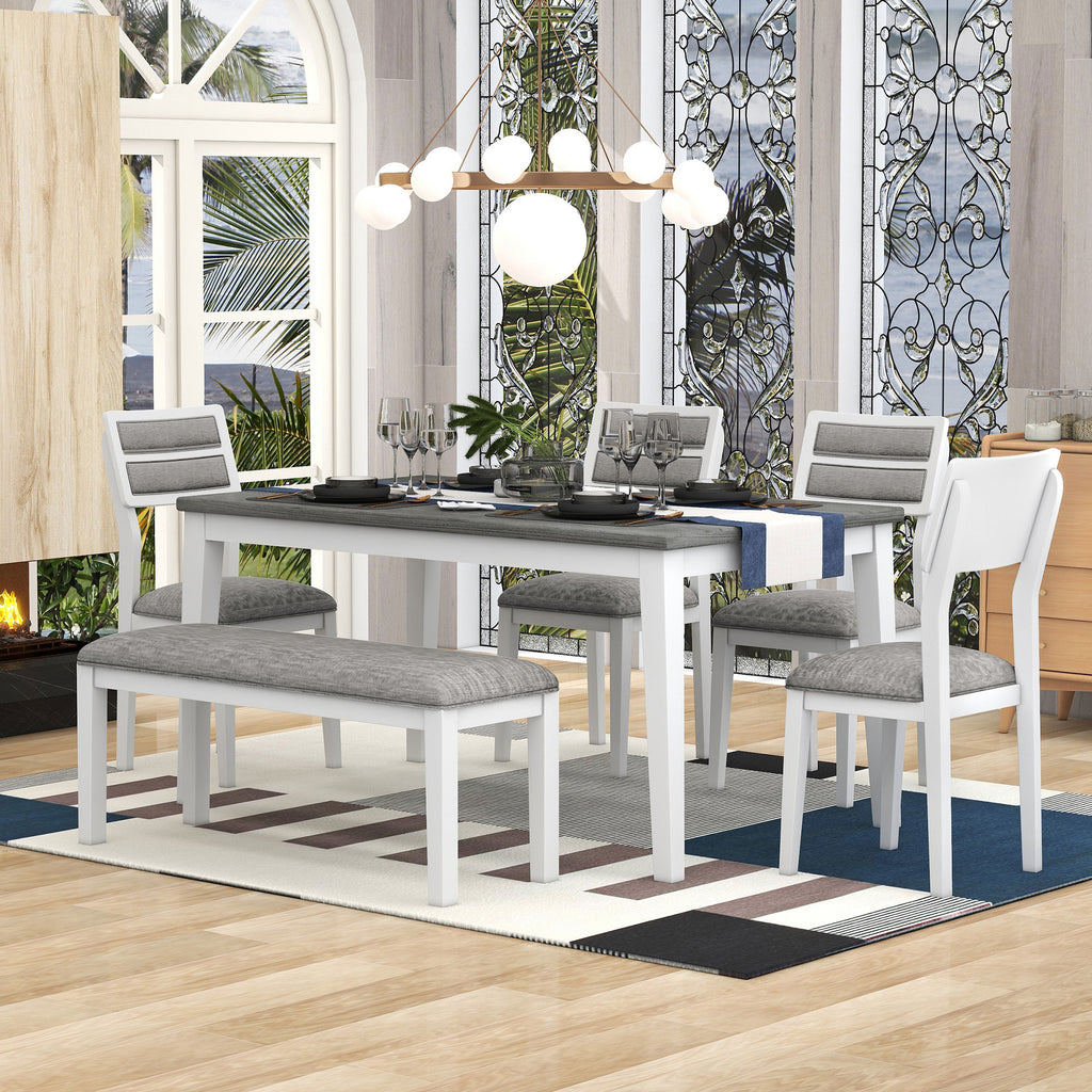 TREXM 6-Piece Dining Set with Table, 4 Chairs & Bench, White & Gray