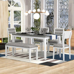 TREXM 6-Piece Dining Set with Table, 4 Chairs & Bench, White & Gray