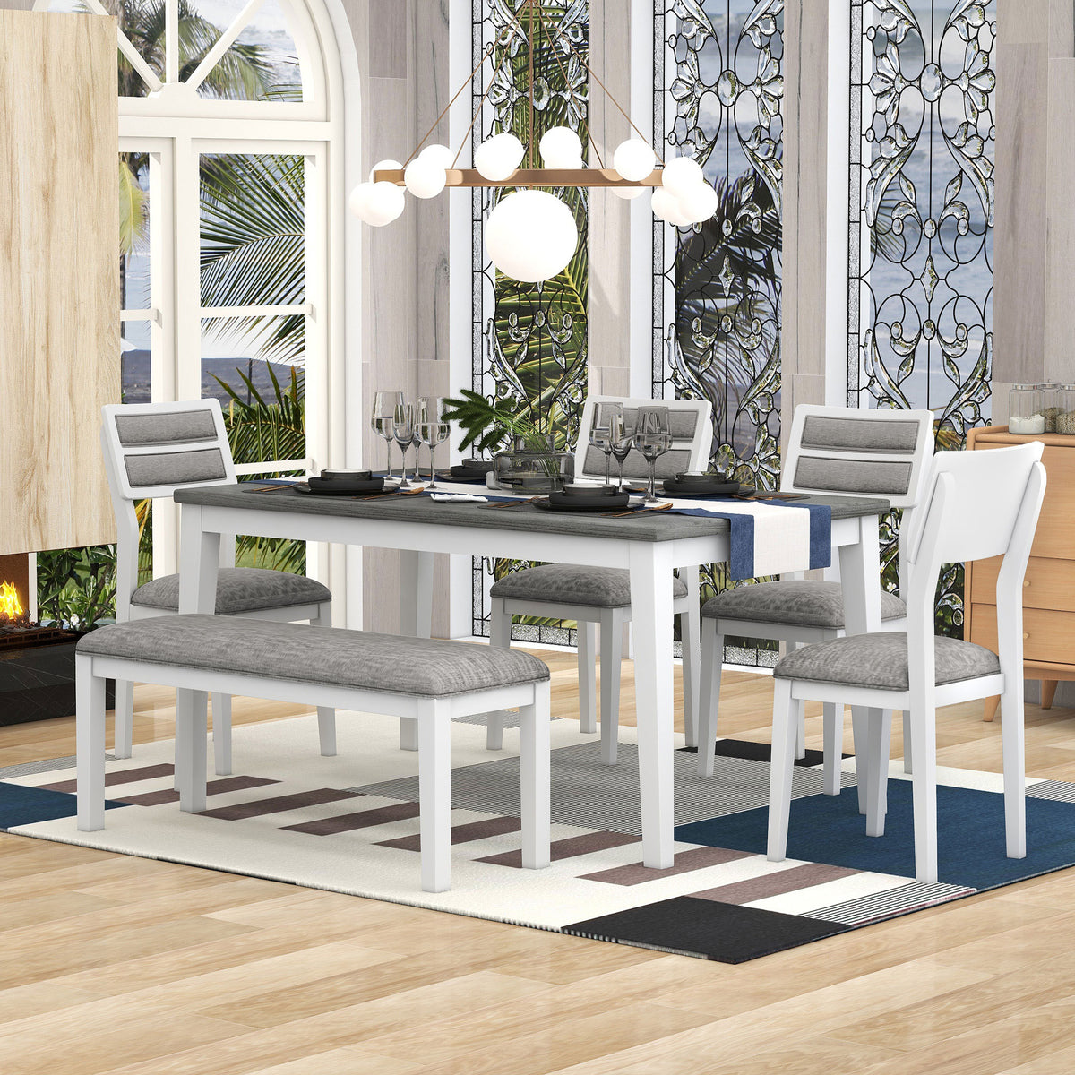 TREXM 6-Piece Dining Set with Table, 4 Chairs & Bench, White & Gray
