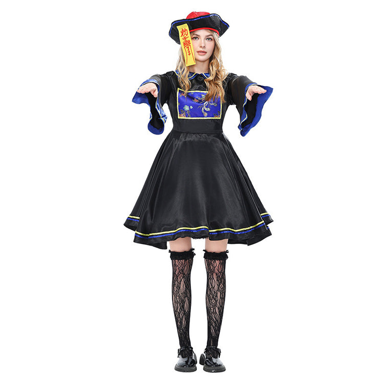 Black Embroidered Costume Set with Skirt and Hat