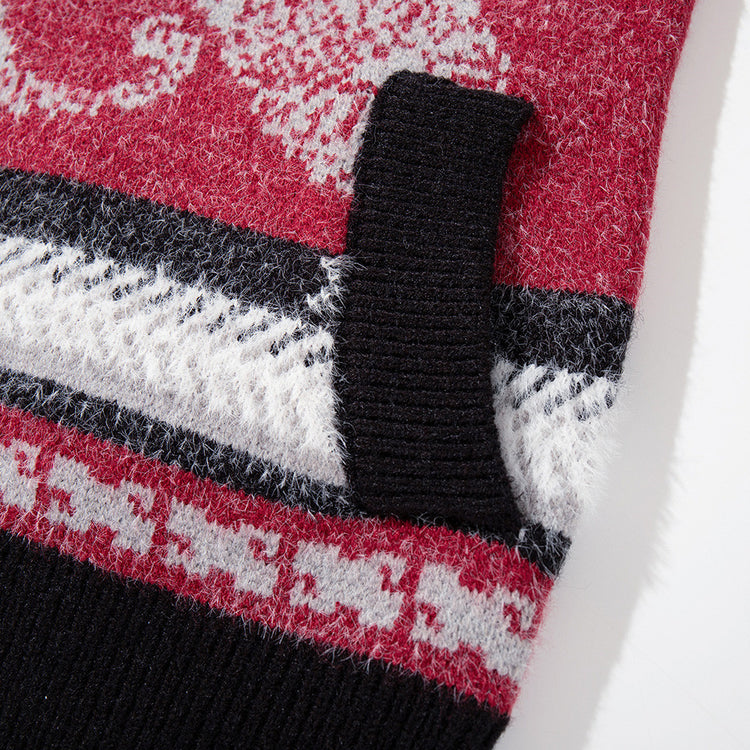Men's Oversized Hooded Knit Cardigan Jacket with Fur Collar, Paisley Stripe Jacquard Pattern