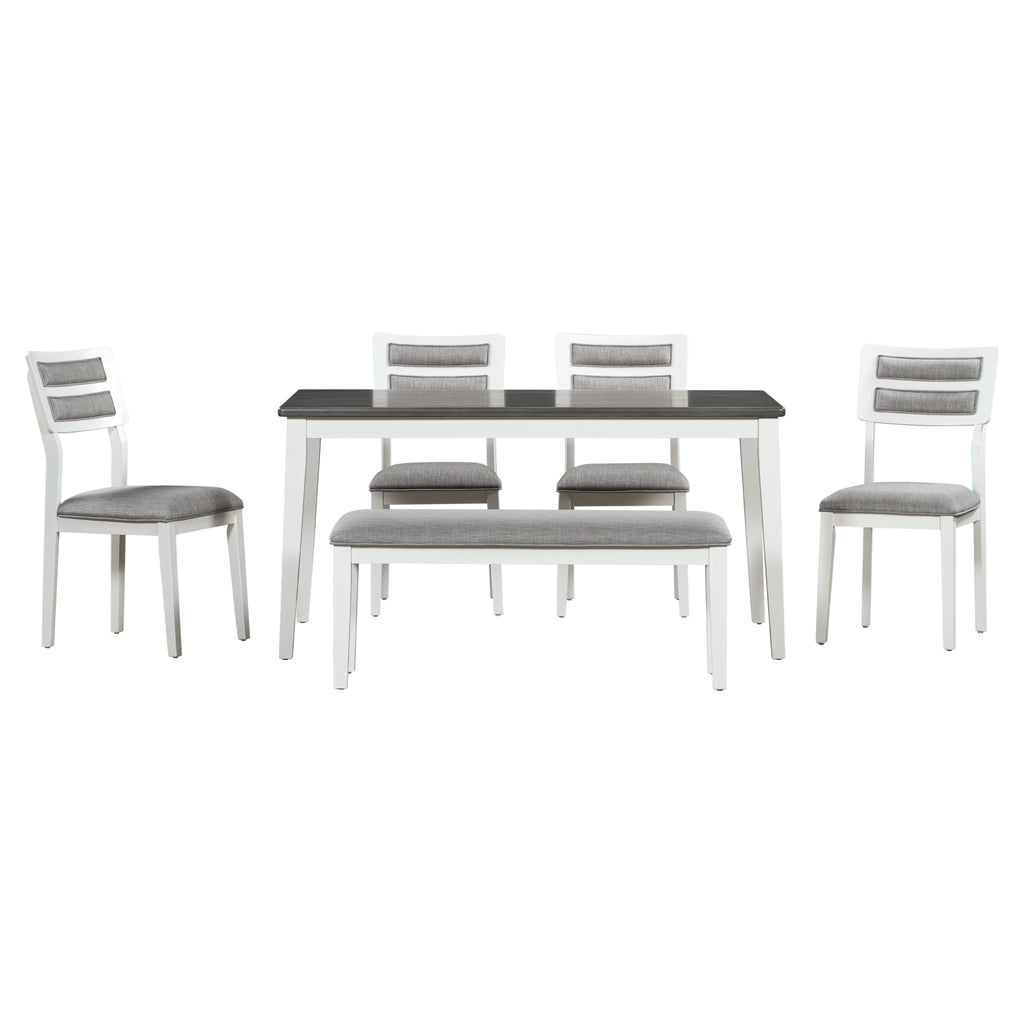 TREXM 6-Piece Dining Set with Table, 4 Chairs & Bench, White & Gray