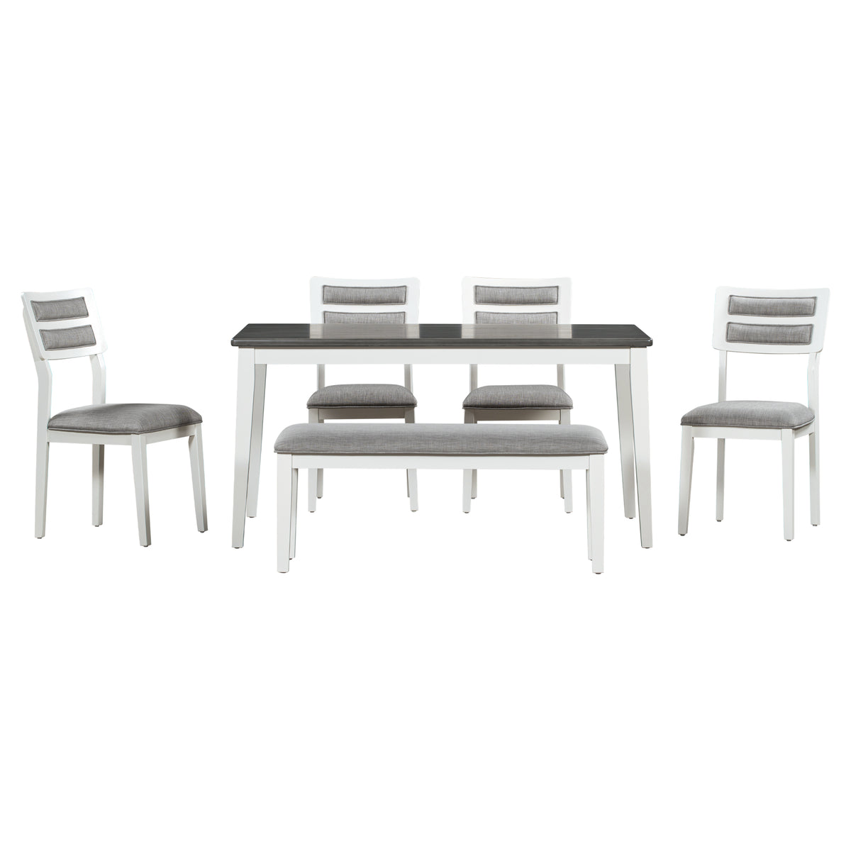 TREXM 6-Piece Dining Set with Table, 4 Chairs & Bench, White & Gray