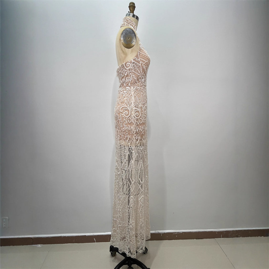 Apricot Strapless Rhinestone-Embellished Maxi Dress