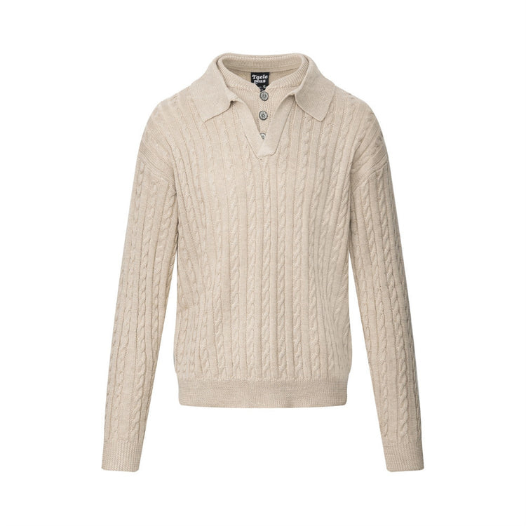 Men's Streetwear Vibe Solid Color Cable Knit Long Sleeve Lapel Collar Pullover Sweater