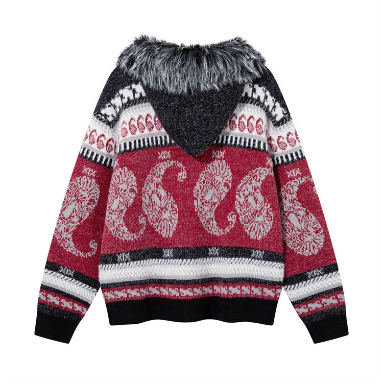 Men's Oversized Hooded Knit Cardigan Jacket with Fur Collar, Paisley Stripe Jacquard Pattern