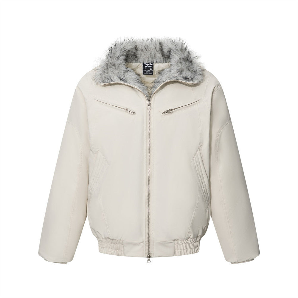Men's Winter Padded Bomber Jacket with Two-Way Zipper and Faux Fur Collar